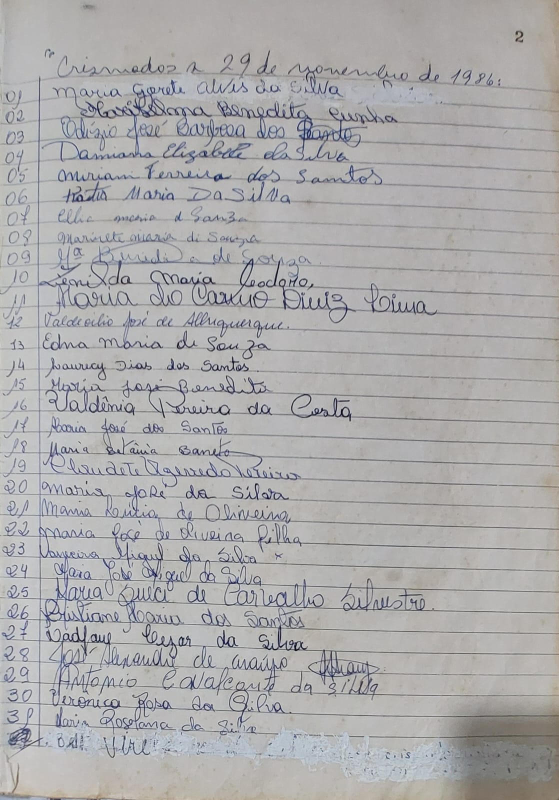 Lista dos crismados de 29 de novembro de 1986