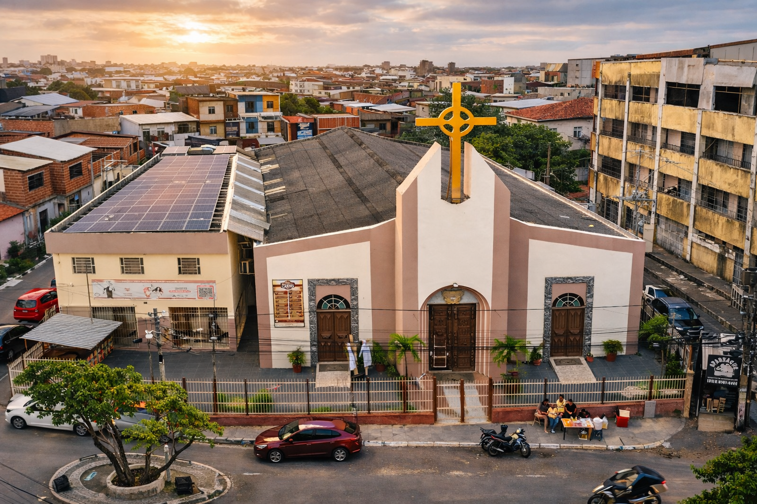 Vista aérea da Igreja Matriz Nossa Senhora do Carmo ao pôr do sol